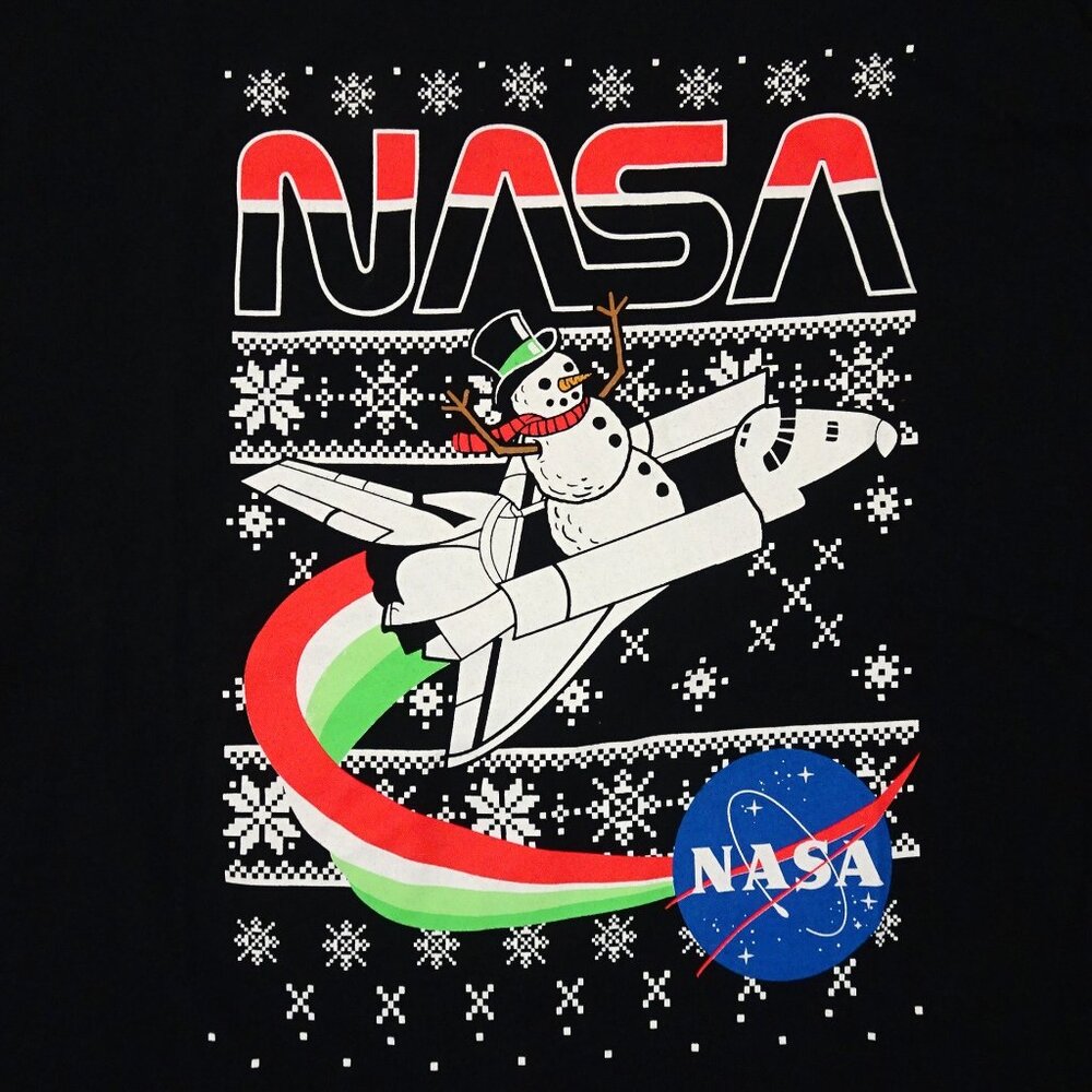 NASA Christmas t-shirt Large Snowman on Space Shuttle Ugly Christmas Sweater Blk